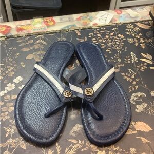 Tory Burch Navy and White Leather Thong Sandals with Gold Logo